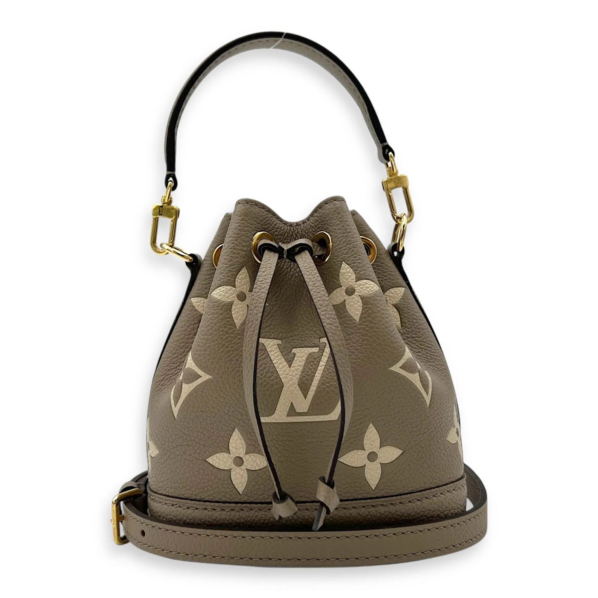 Noe Bucket Bag Nano Beige in Empreinte Leather, Gold hardware