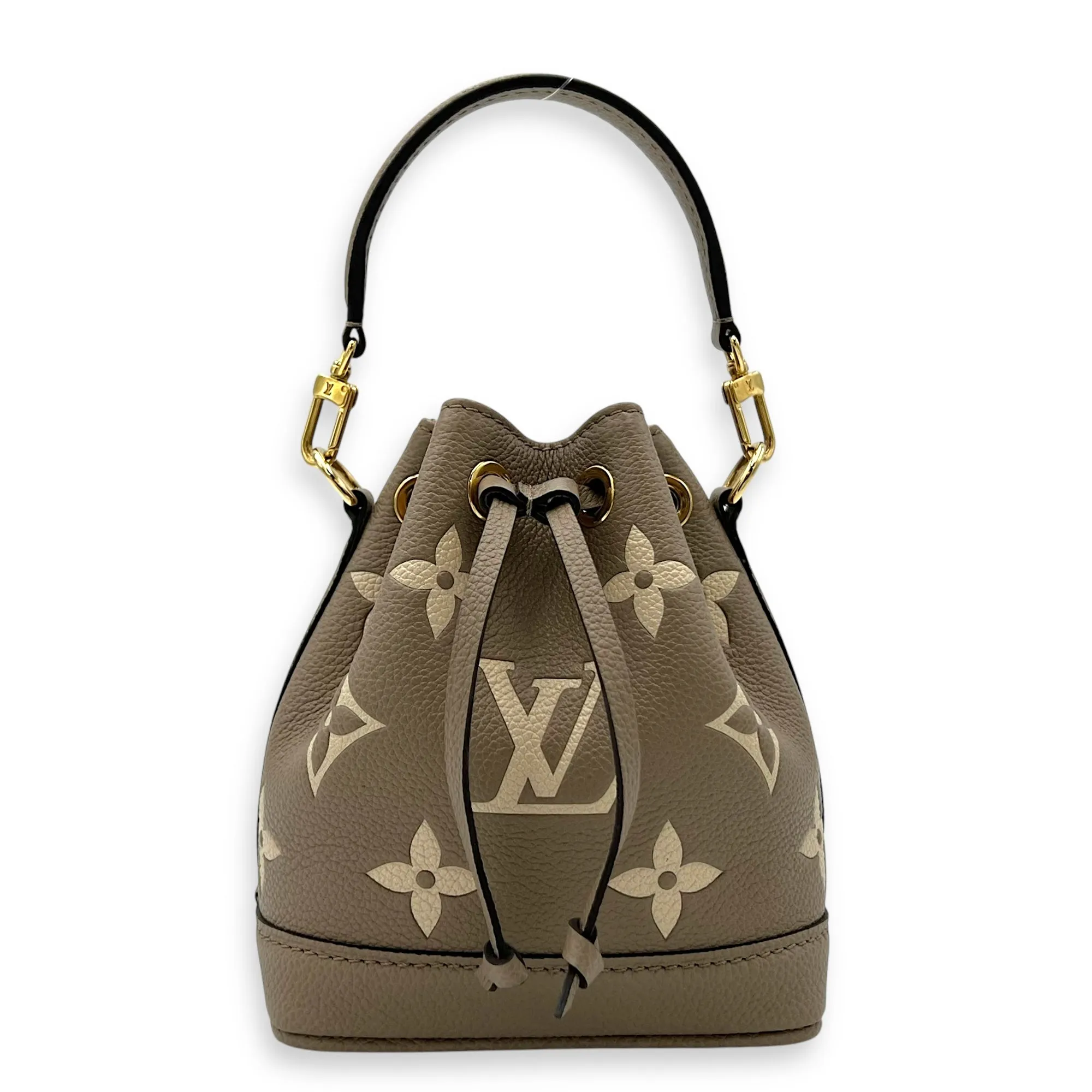 Noe Bucket Bag Nano Beige in Empreinte Leather, Gold hardware