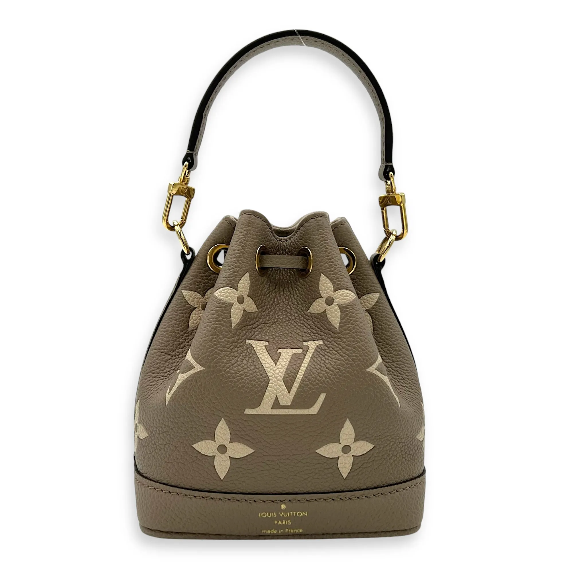 Noe Bucket Bag Nano Beige in Empreinte Leather, Gold hardware