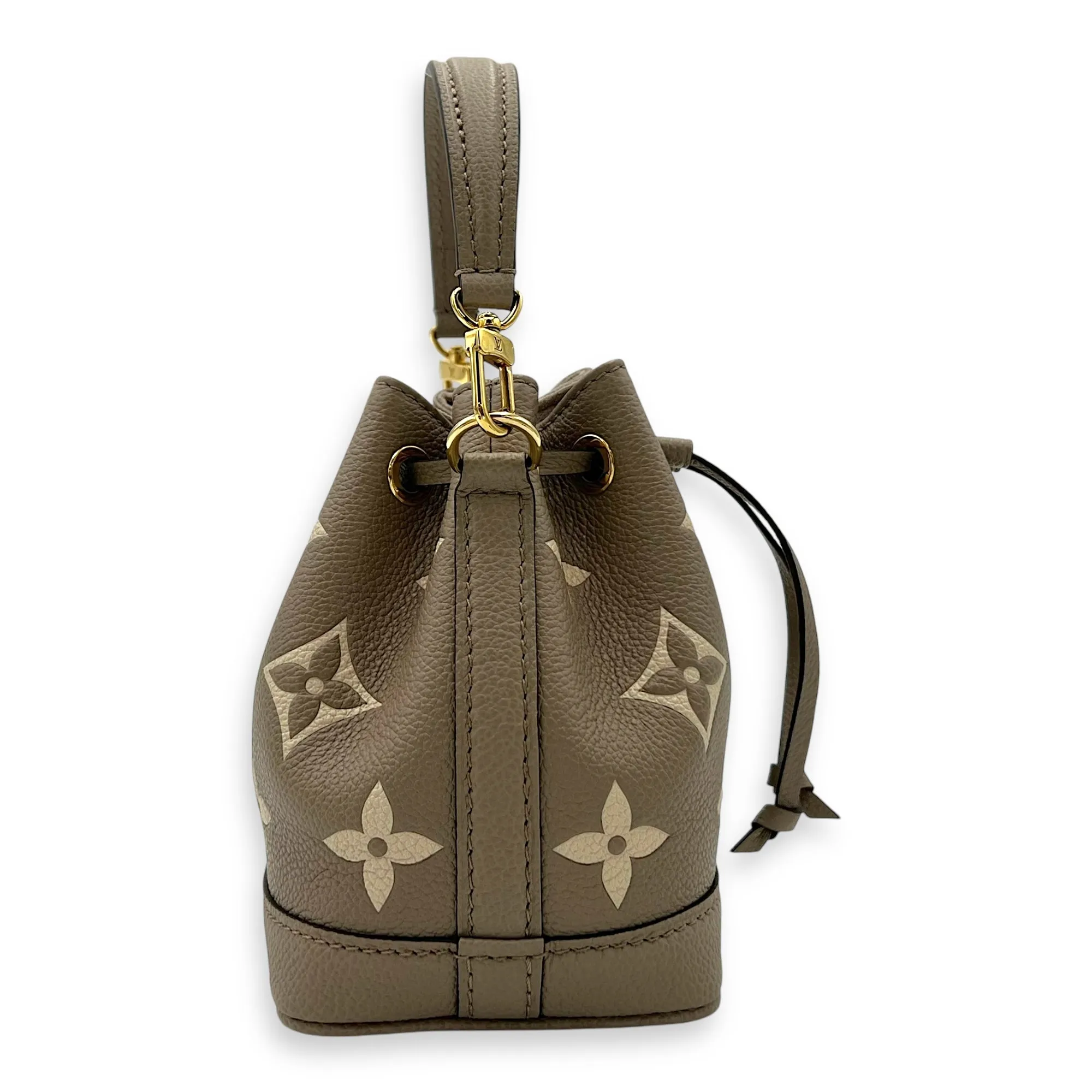 Noe Bucket Bag Nano Beige in Empreinte Leather, Gold hardware