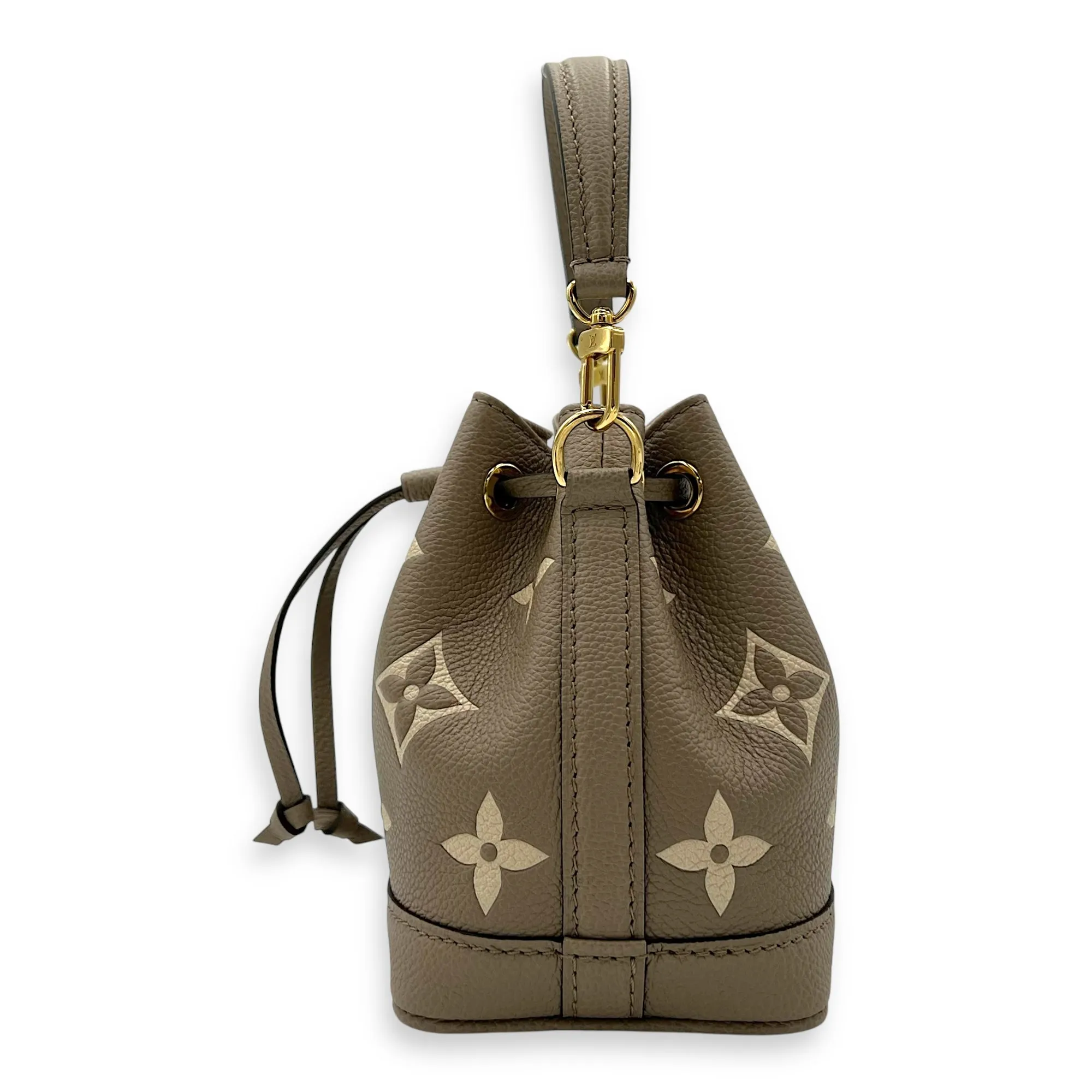 Noe Bucket Bag Nano Beige in Empreinte Leather, Gold hardware