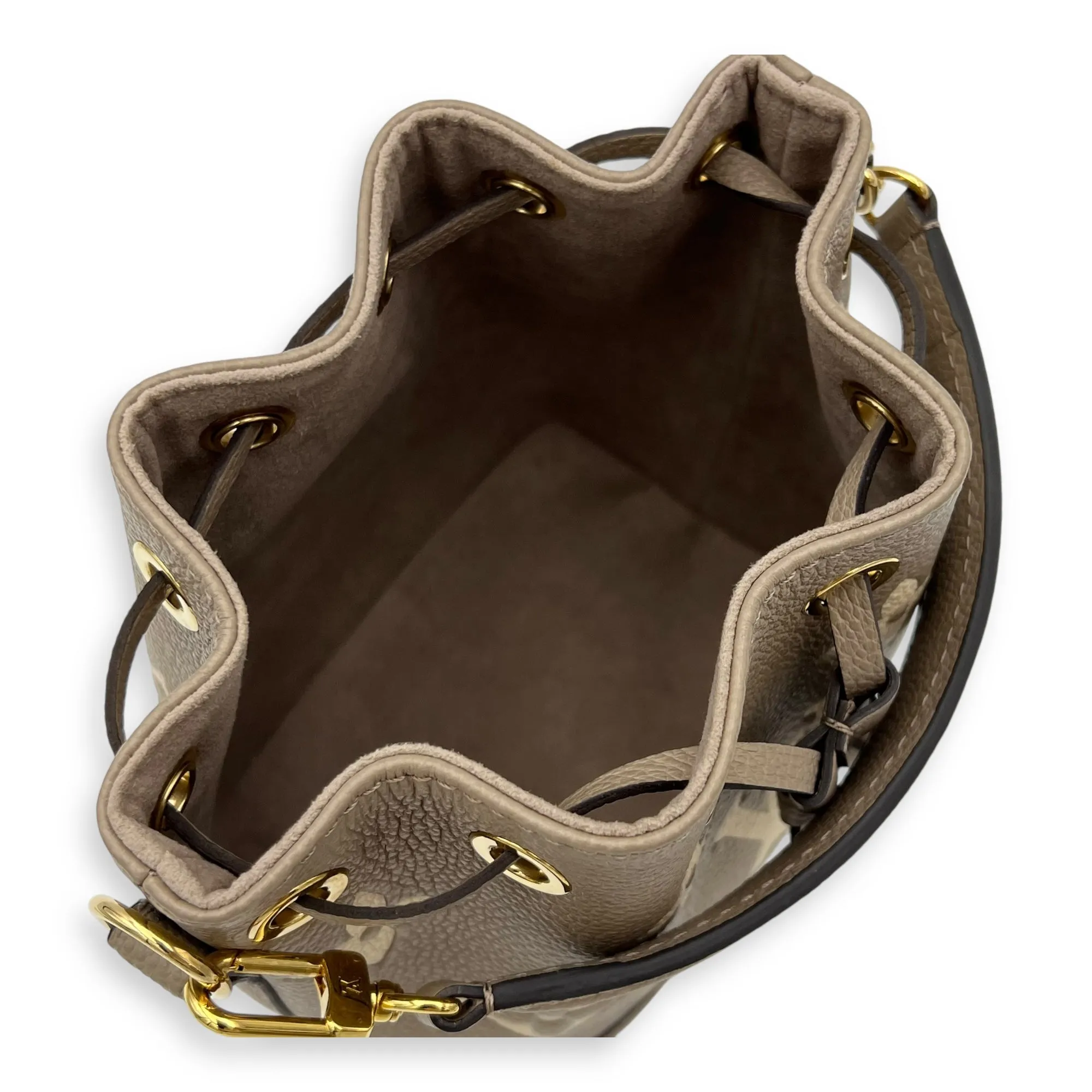 Noe Bucket Bag Nano Beige in Empreinte Leather, Gold hardware
