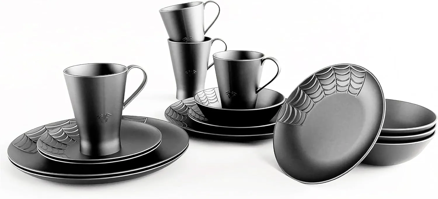 Nomnu Spiderweb Dinnerware Set (16 Pieces) - Goth Dinnerware Set - Black Matte Porcelain - 4 Dinner Plates 4 Salad Plates 4 Bowls 4 Mugs - Halloween Spooky Dishes Gothic Kitchen Decor Gifts
