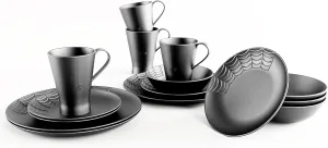 Nomnu Spiderweb Dinnerware Set (16 Pieces) - Goth Dinnerware Set - Black Matte Porcelain - 4 Dinner Plates 4 Salad Plates 4 Bowls 4 Mugs - Halloween Spooky Dishes Gothic Kitchen Decor Gifts