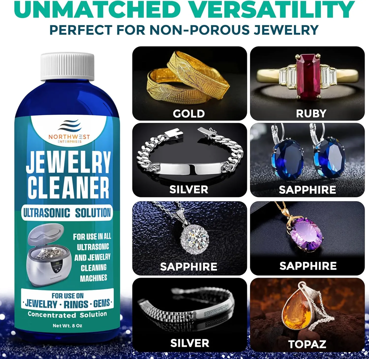 NORTHWEST ENTERPRISES Ultrasonic Cleaner Solution for Jewelry Cleaning. Concentrated Jewelry Cleaner for Gold, Platinum Diamonds and Non-Porous Precious and Semi-Precious Jewelry (Pack of 2)