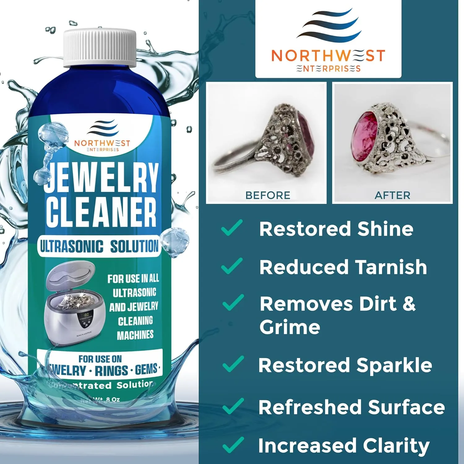 NORTHWEST ENTERPRISES Ultrasonic Cleaner Solution for Jewelry Cleaning. Concentrated Jewelry Cleaner for Gold, Platinum Diamonds and Non-Porous Precious and Semi-Precious Jewelry (Pack of 2)