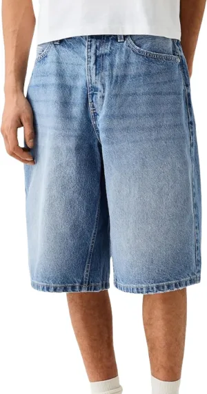 NUFIWI Mens Baggy Denim Shorts Straight Wide Leg Knee Length Denim Carpenter Short Vintage Cargo Jean Jorts with Pockets