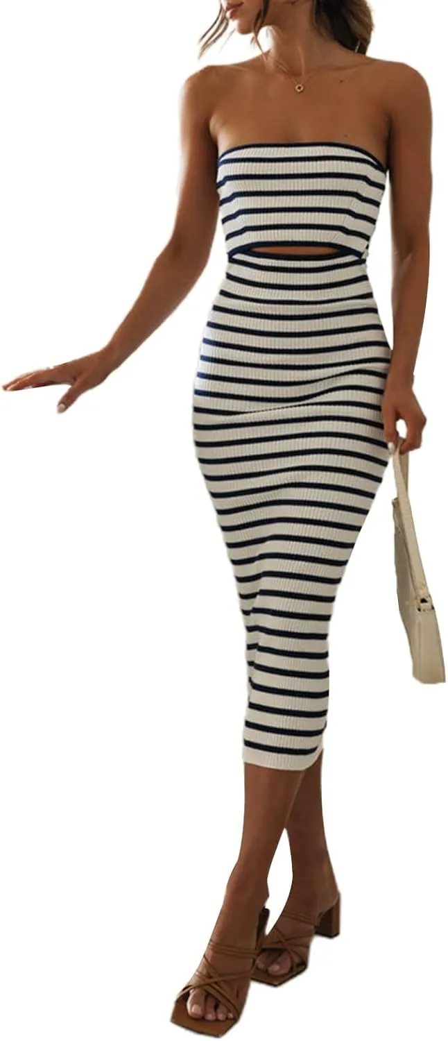 Nyapruwe Women Sexy Backless Knit Maxi Dress Strapless Sleeveless Cut Out Patchwork Long Dresses Summer Party Clubwear