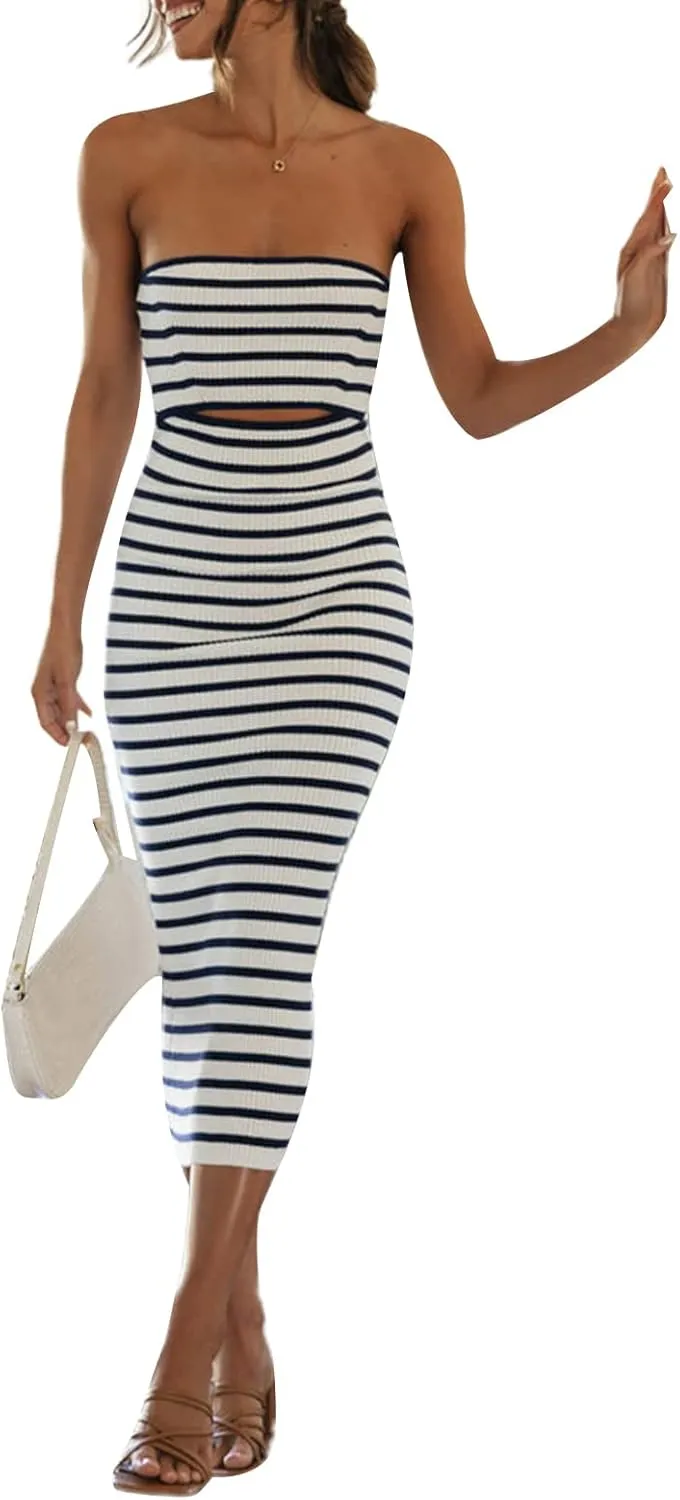 Nyapruwe Women Sexy Backless Knit Maxi Dress Strapless Sleeveless Cut Out Patchwork Long Dresses Summer Party Clubwear