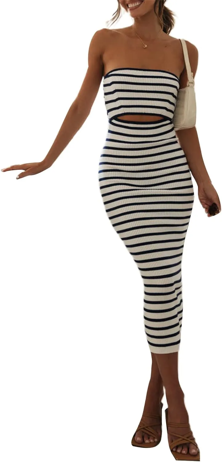 Nyapruwe Women Sexy Backless Knit Maxi Dress Strapless Sleeveless Cut Out Patchwork Long Dresses Summer Party Clubwear
