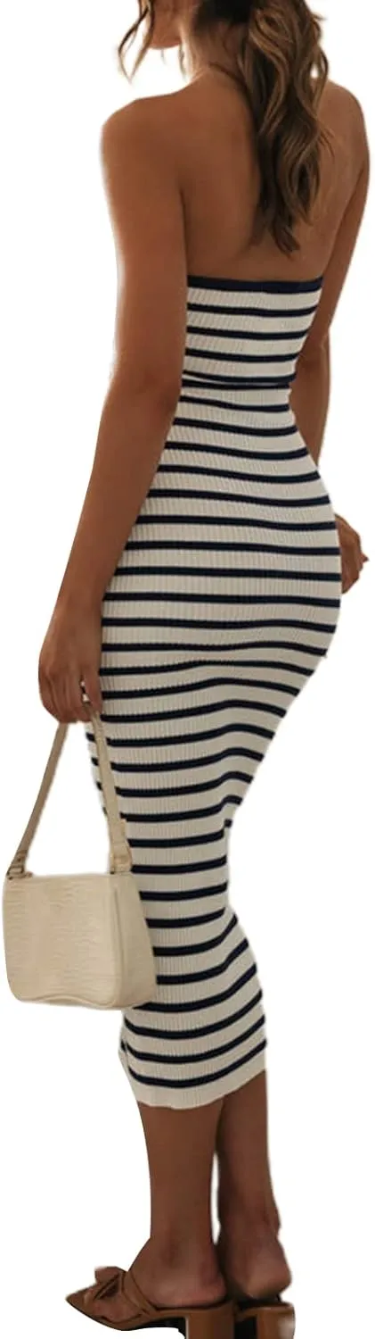 Nyapruwe Women Sexy Backless Knit Maxi Dress Strapless Sleeveless Cut Out Patchwork Long Dresses Summer Party Clubwear