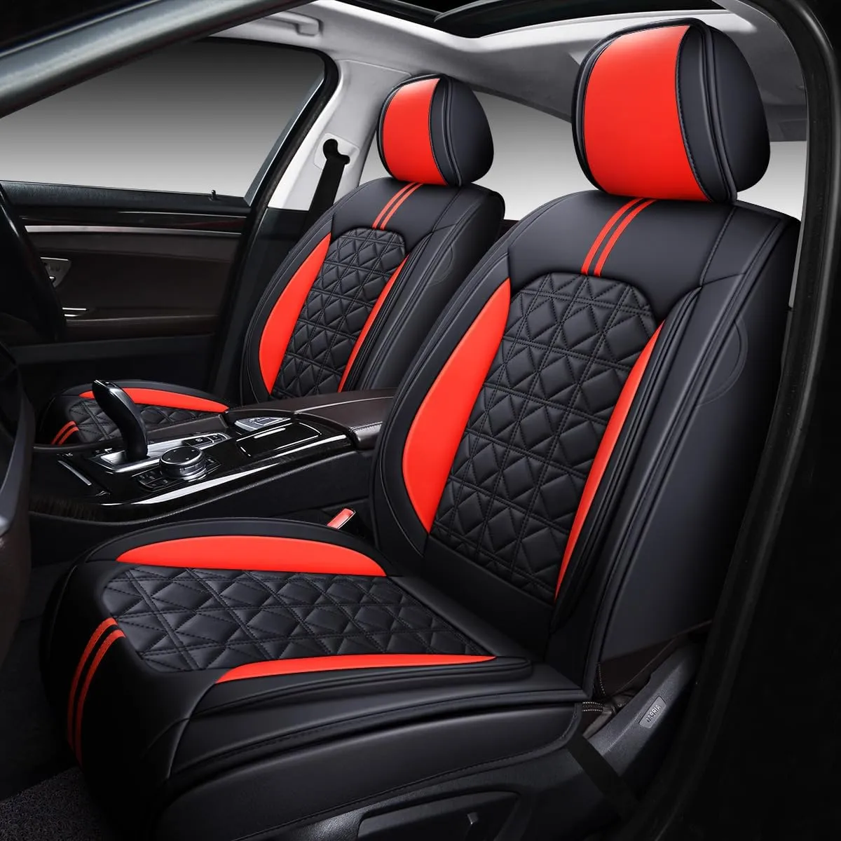 OASIS AUTO Car Seat Covers Premium Waterproof Faux Leather Cushion Universal Accessories Fit SUV Truck Sedan Automotive Vehicle Auto Interior Protector Full Set (Black&Red)