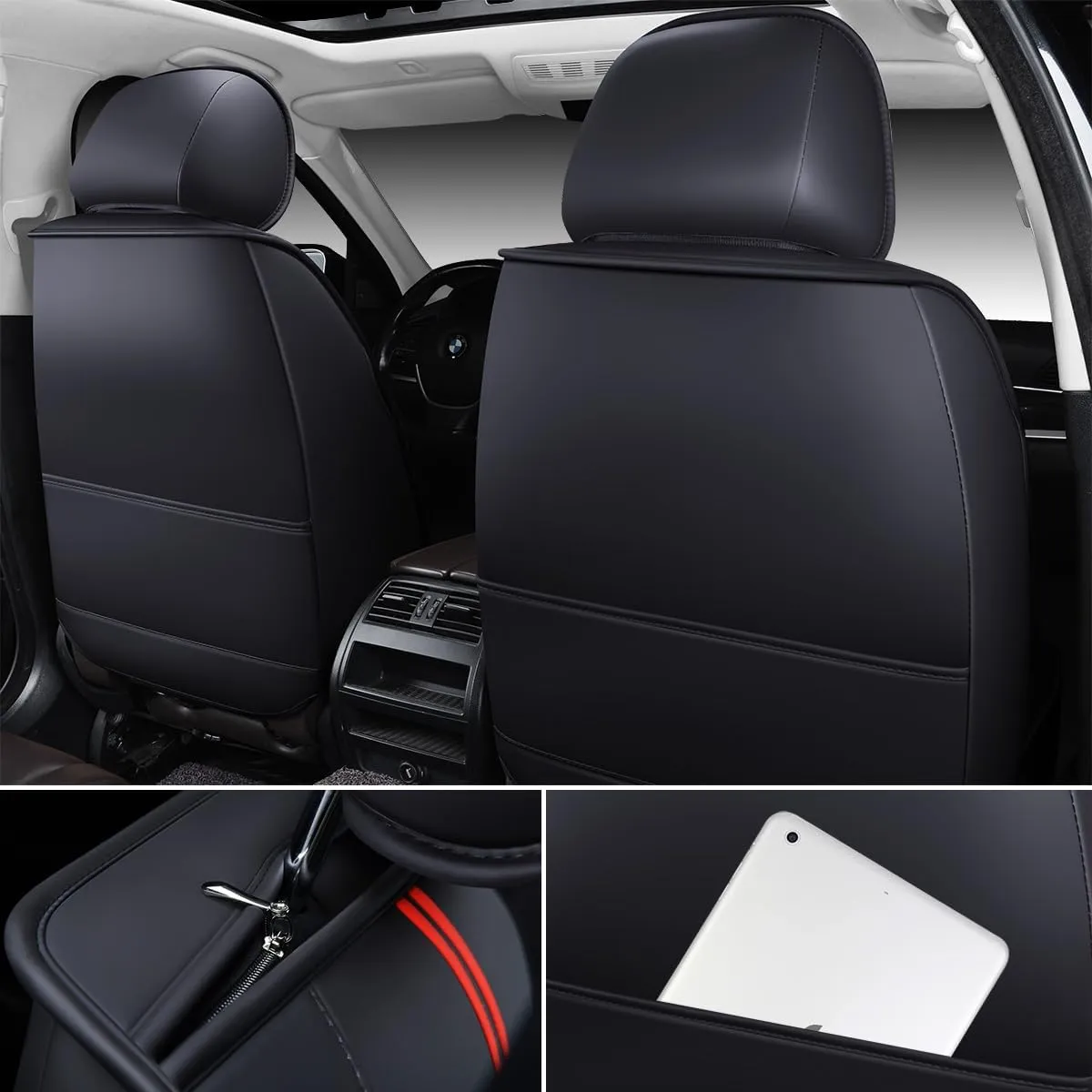 OASIS AUTO Car Seat Covers Premium Waterproof Faux Leather Cushion Universal Accessories Fit SUV Truck Sedan Automotive Vehicle Auto Interior Protector Full Set (Black&Red)