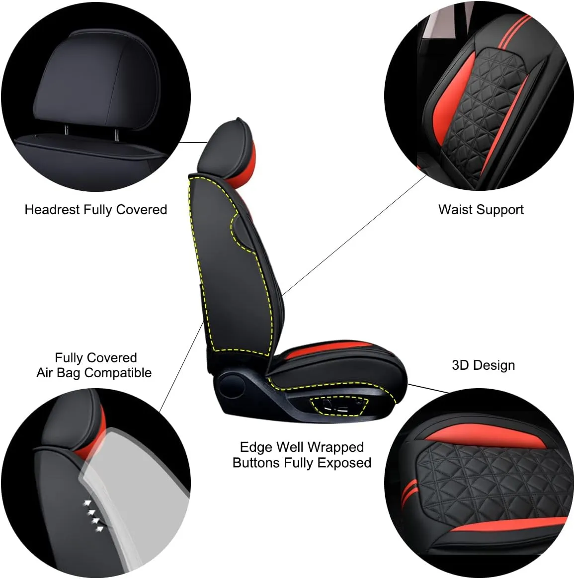 OASIS AUTO Car Seat Covers Premium Waterproof Faux Leather Cushion Universal Accessories Fit SUV Truck Sedan Automotive Vehicle Auto Interior Protector Full Set (Black&Red)