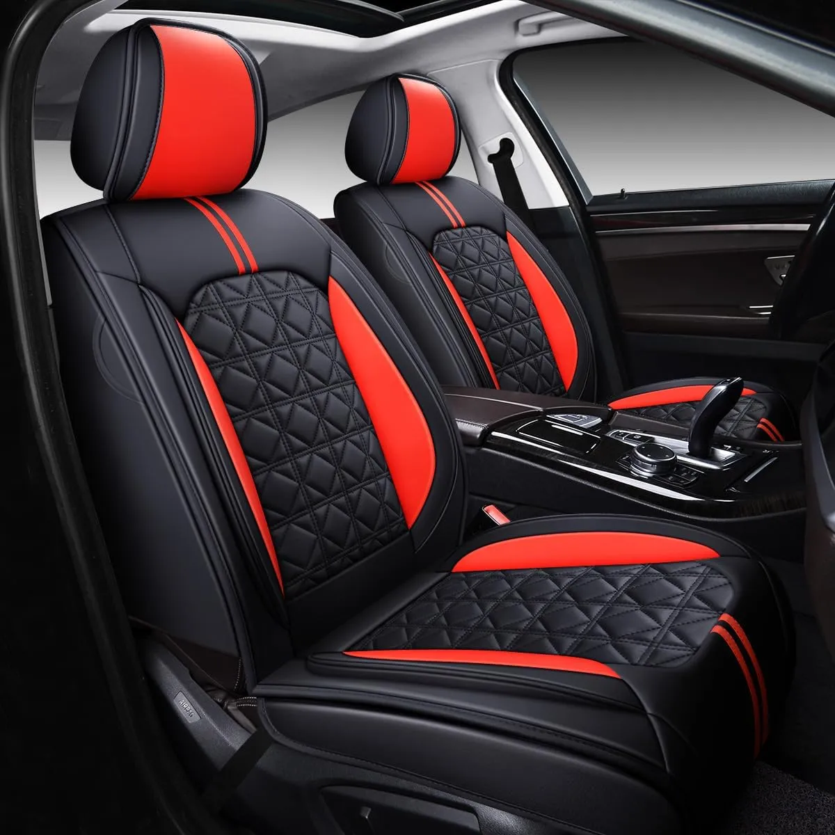 OASIS AUTO Car Seat Covers Premium Waterproof Faux Leather Cushion Universal Accessories Fit SUV Truck Sedan Automotive Vehicle Auto Interior Protector Full Set (Black&Red)