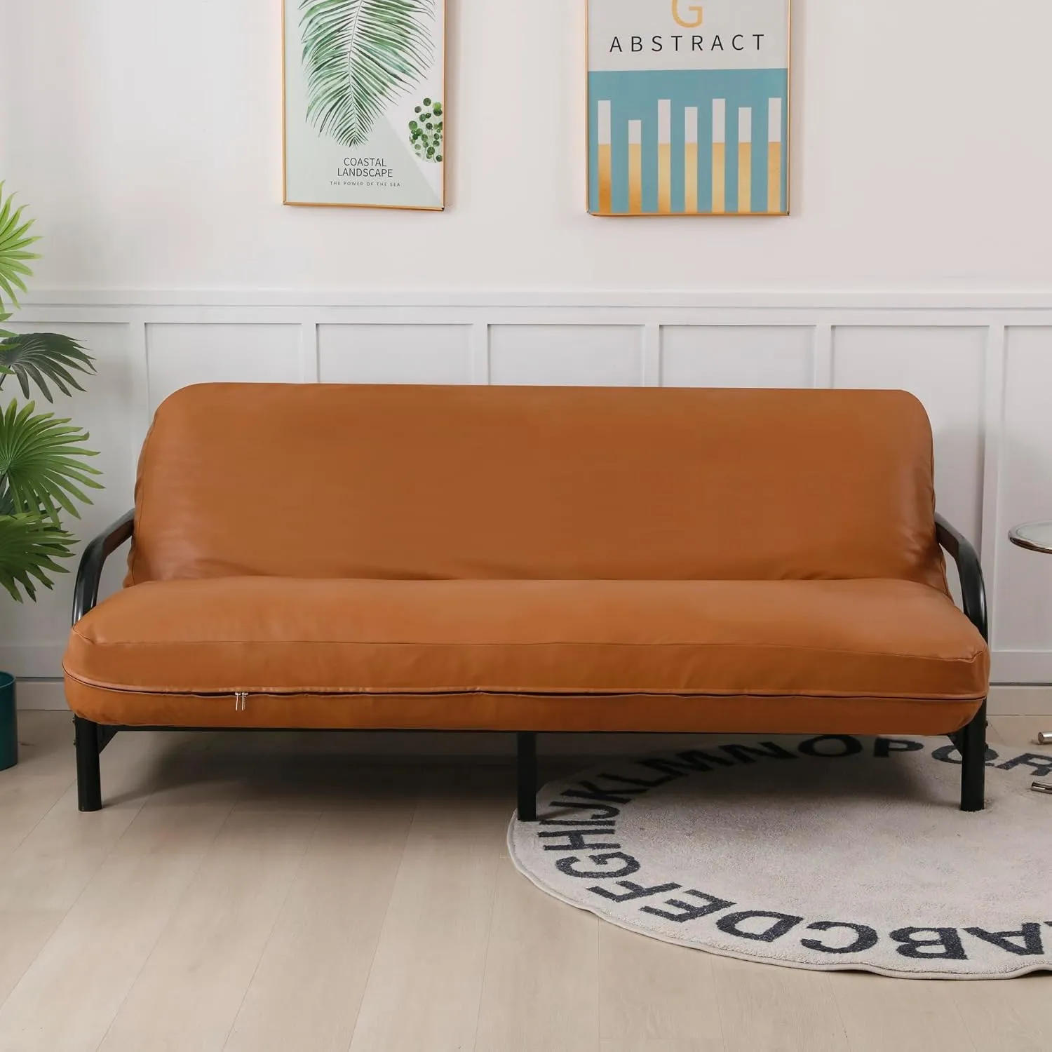 OctoRose 3 Side Zipper Twin Size Waterproof Pet Friendly Faux Leather Caramel Futon Cover Sofa Daybed Mattress Slipcover (Fauxleather-Caramel, Twin Size)