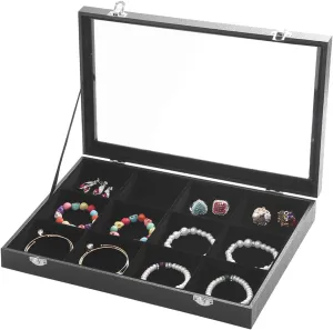 Ogrmar Glass lid 12 Grid Multifunction Jewelry Tray Vintage Rings Organizer Earrings Necklaces Bracelet Brooch Buttons Showcase Storage Boxes (12 Grid)