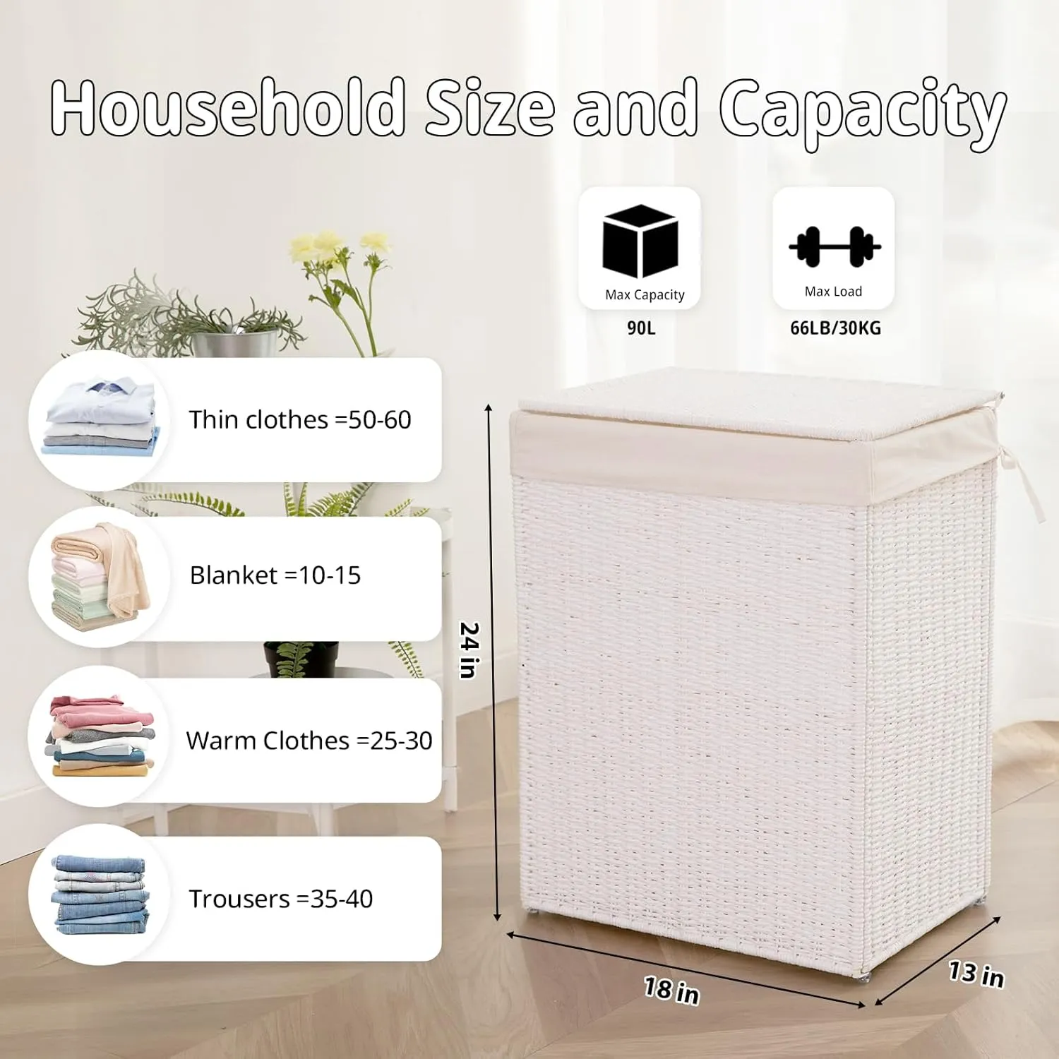 OIAHOMY Laundry Hamper with Lid, 23.8 Gal (90L) Wicker Hamper with Removable Liner Bags, Handwoven Clothes Basket with Handles, Foldable Woven Paper Rope Basket for Laundry Room, Bedroom-White