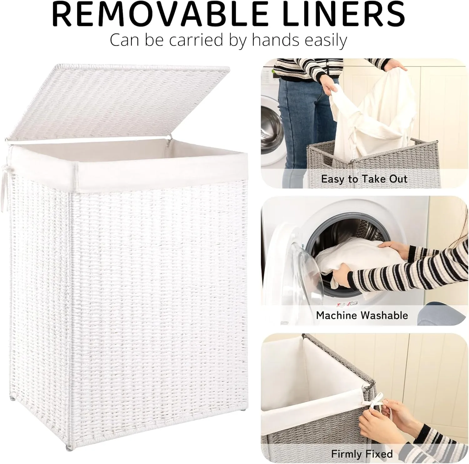 OIAHOMY Laundry Hamper with Lid, 23.8 Gal (90L) Wicker Hamper with Removable Liner Bags, Handwoven Clothes Basket with Handles, Foldable Woven Paper Rope Basket for Laundry Room, Bedroom-White
