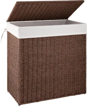 OIAHOMY Laundry Hamper with Lid, 29.1 Gal (110L) Wicker Hamper with Removable Liner Bags, Handwoven Clothes Basket with Handles, Foldable Paper Rope Basket for Laundry Room, Bedroom-Brown