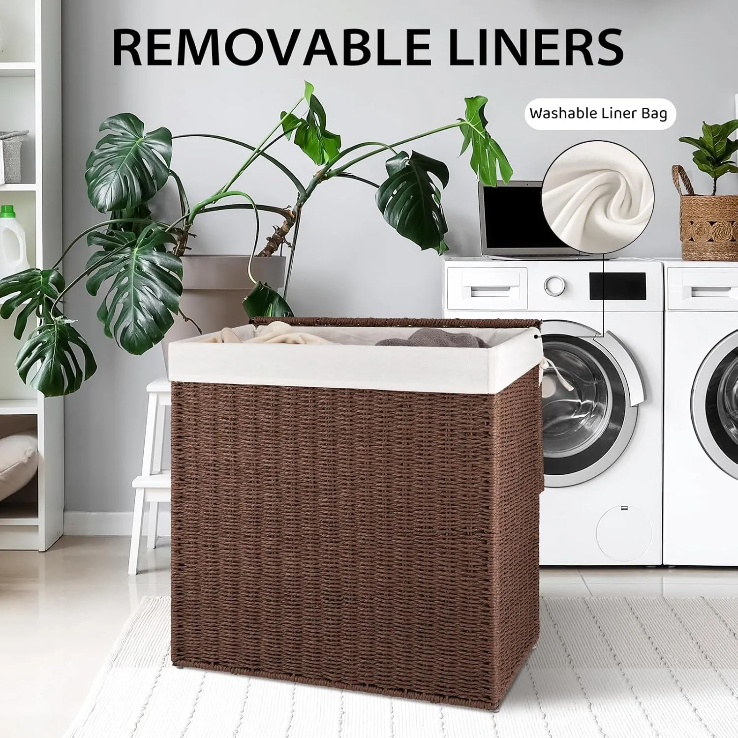 OIAHOMY Laundry Hamper with Lid, 29.1 Gal (110L) Wicker Hamper with Removable Liner Bags, Handwoven Clothes Basket with Handles, Foldable Paper Rope Basket for Laundry Room, Bedroom-Brown