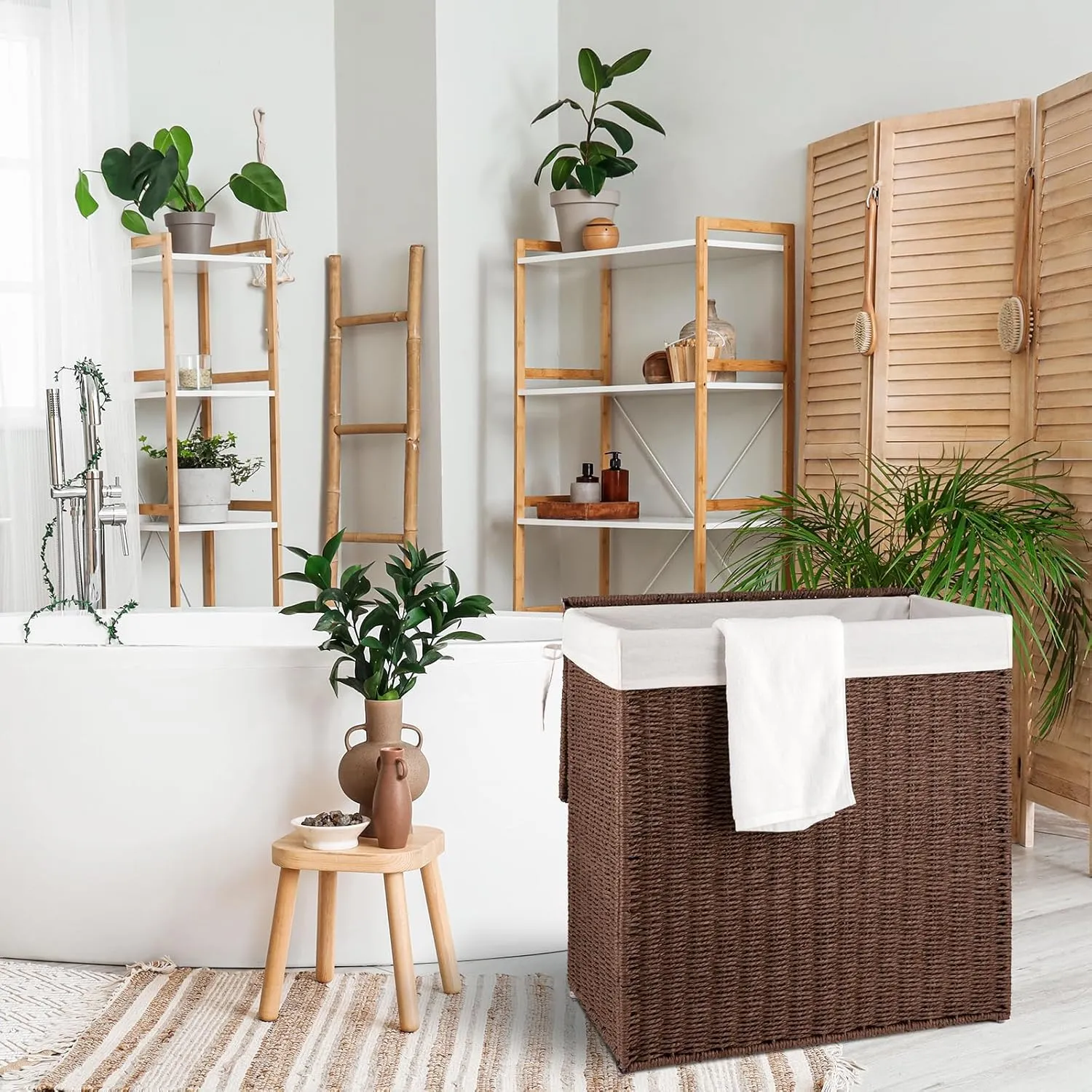 OIAHOMY Laundry Hamper with Lid, 29.1 Gal (110L) Wicker Hamper with Removable Liner Bags, Handwoven Clothes Basket with Handles, Foldable Paper Rope Basket for Laundry Room, Bedroom-Brown