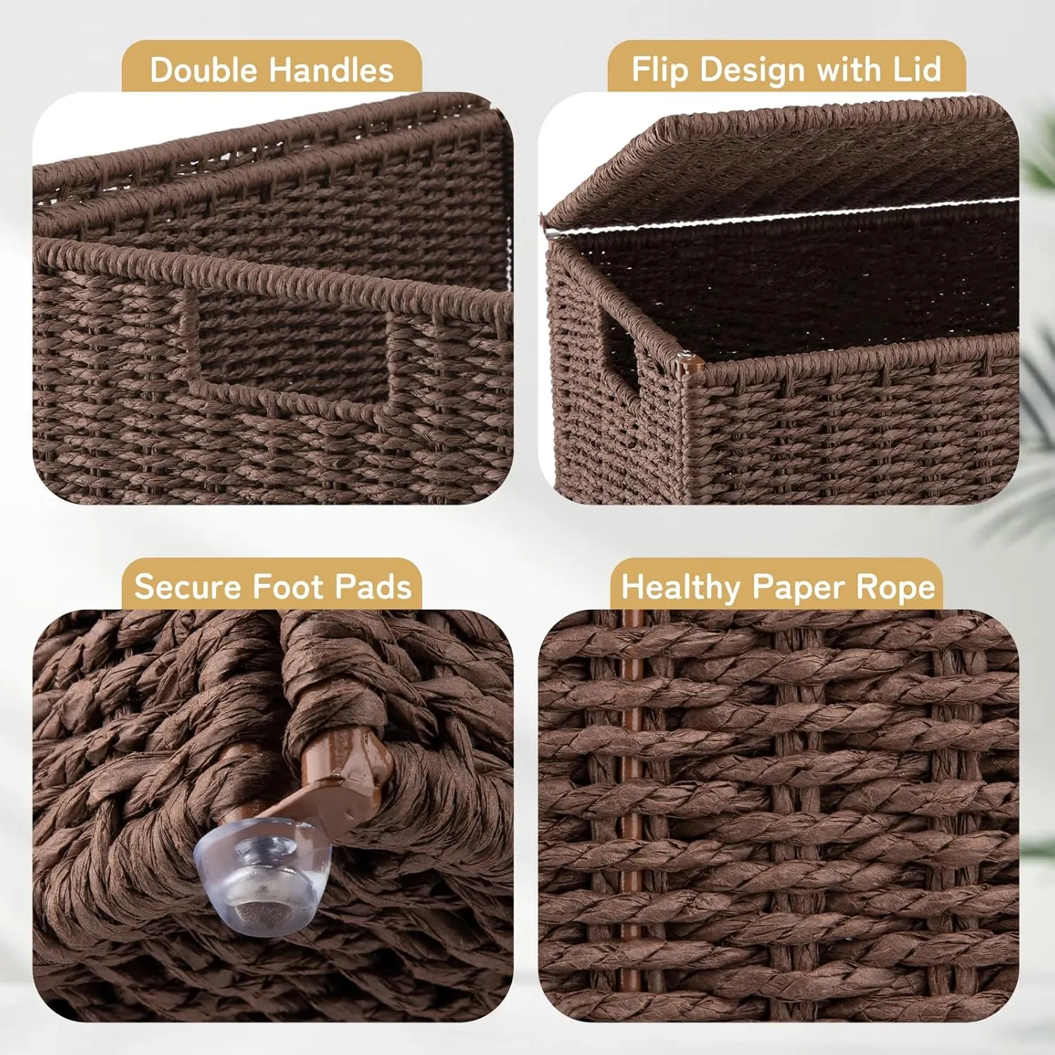 OIAHOMY Laundry Hamper with Lid, 29.1 Gal (110L) Wicker Hamper with Removable Liner Bags, Handwoven Clothes Basket with Handles, Foldable Paper Rope Basket for Laundry Room, Bedroom-Brown