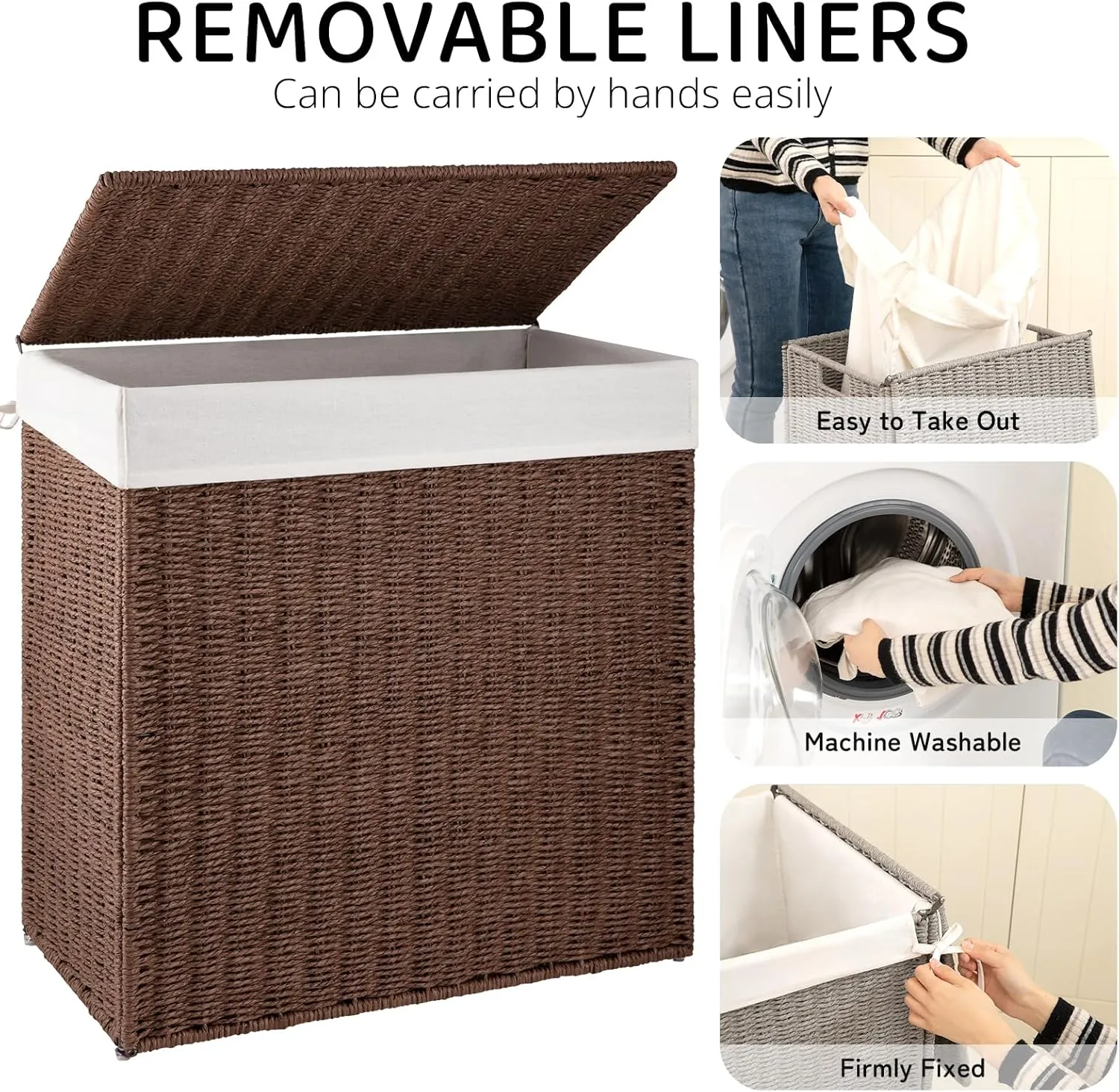 OIAHOMY Laundry Hamper with Lid, 29.1 Gal (110L) Wicker Hamper with Removable Liner Bags, Handwoven Clothes Basket with Handles, Foldable Paper Rope Basket for Laundry Room, Bedroom-Brown