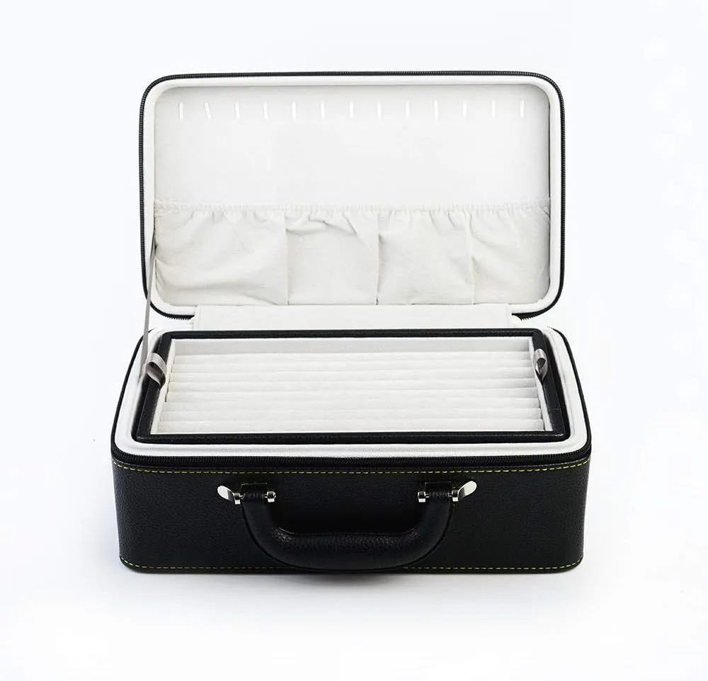 Oirlv Black Leather Jewelry Box Handmade Travel Jewelry Organizer Storage Case Holder For Girl Lady Earring,Ring,Necklace,Pendant,Watch,Bracelet.(3 layers)