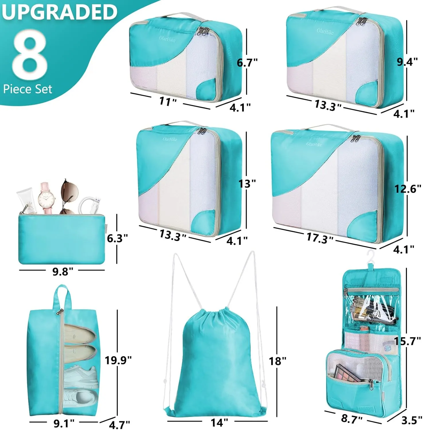 OlarHike 8 Set Packing Cubes for Travel, Luggage Organizer Bags for trip Accessories Essentials,Cubes for Carry on Suitcases (Turquoise)