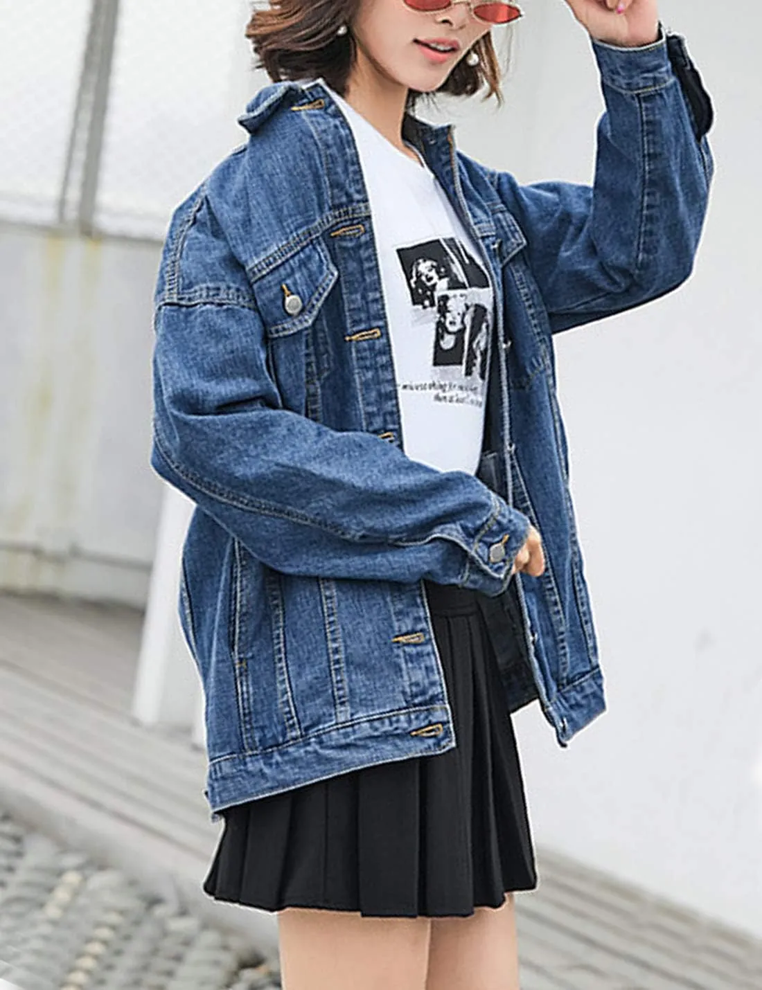 Omoone Women's Oversized Mid Long Denim Jacket Jean Biker Coat