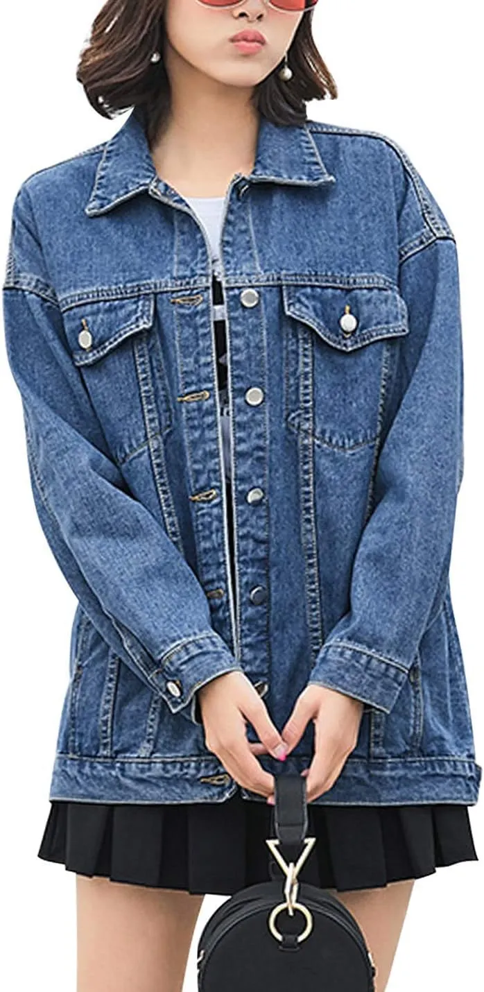 Omoone Women's Oversized Mid Long Denim Jacket Jean Biker Coat