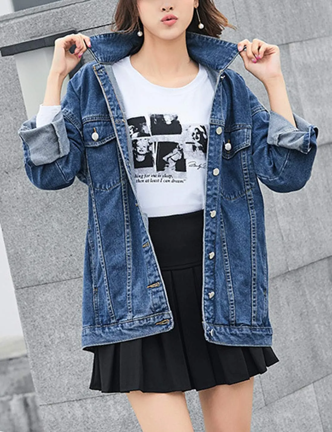 Omoone Women's Oversized Mid Long Denim Jacket Jean Biker Coat