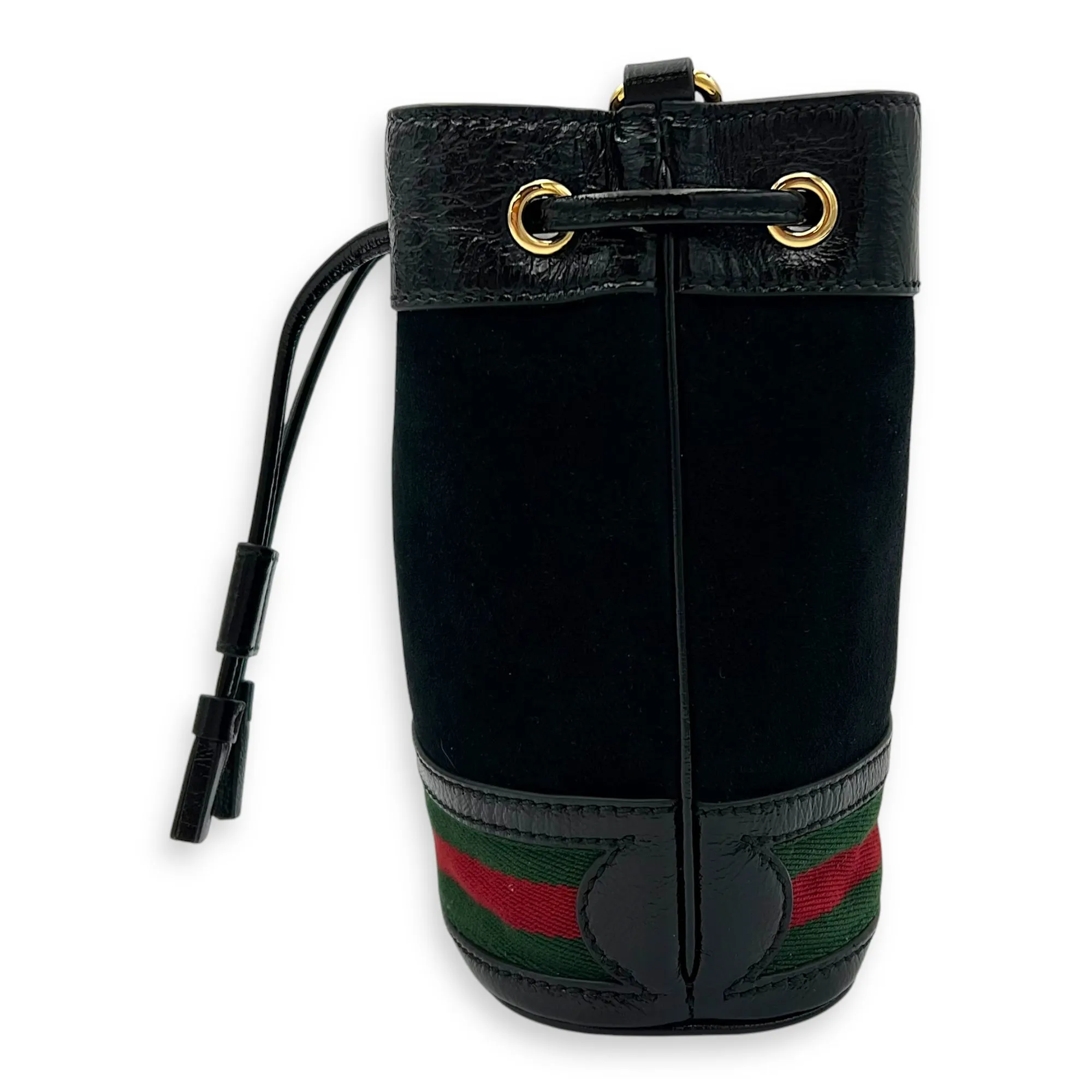 Ophidia Bucket Bag Black in Suede Leather, Gold hardware