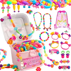 Orian Pop Beads Jewelry Making Kit for Girls, 550  Piece Set for Girls Ages 3 and Up,Colorful Snap Beads,Bracelet,Necklaces and Rings Unicorn Gift Bag