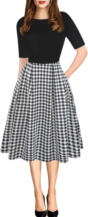 oxiuly Women's Vintage Patchwork Pockets Puffy Swing Casual Party Dress OX165