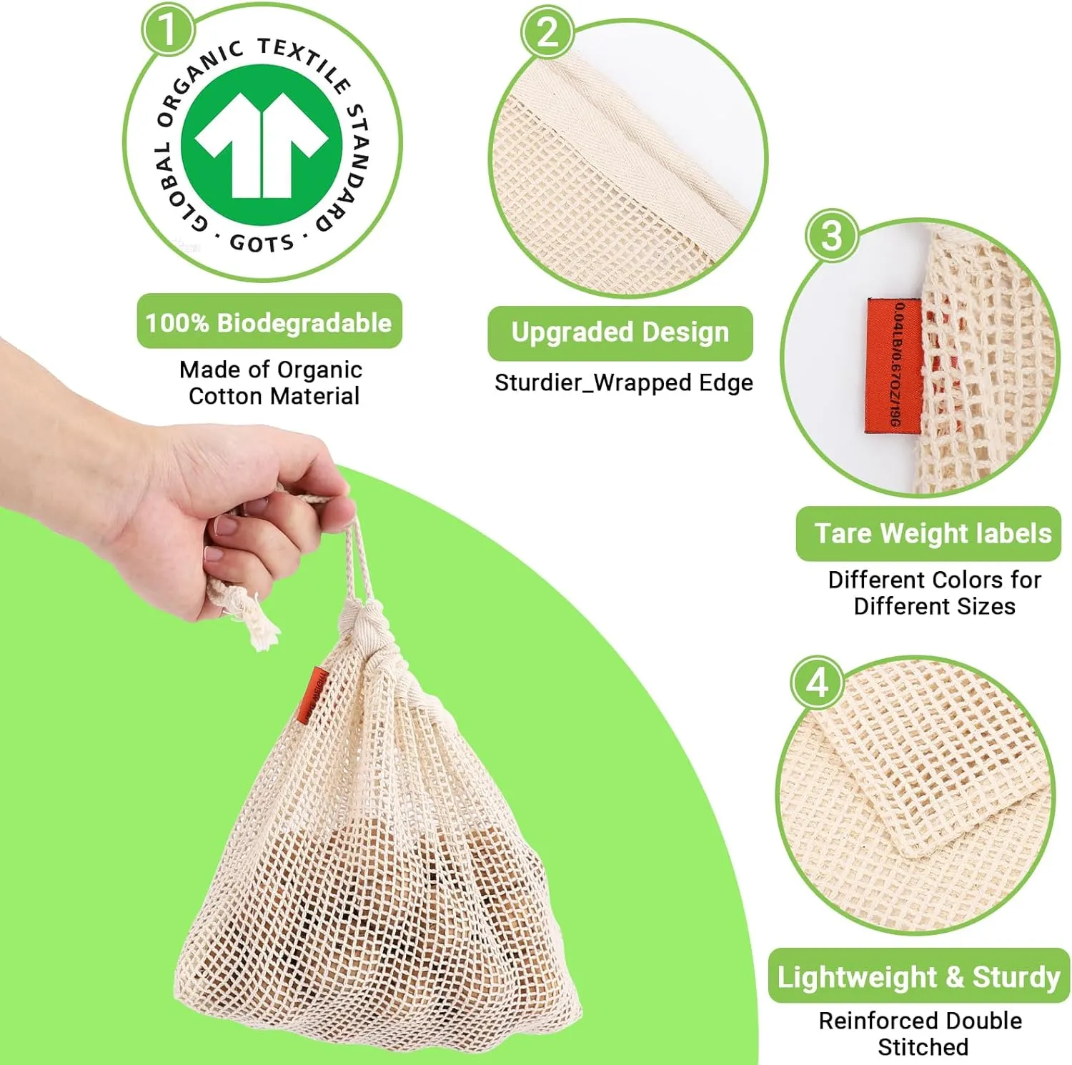 Pack of 12 Reusable Grocery Bags, 3 Sizes (4xS 4xM 4xL) Reusable Shopping Bags Heavy Duty Cotton Bags Mesh Bags for Vegetables, Enhanced Closure Edge, Double Stitched, with Tare Weight