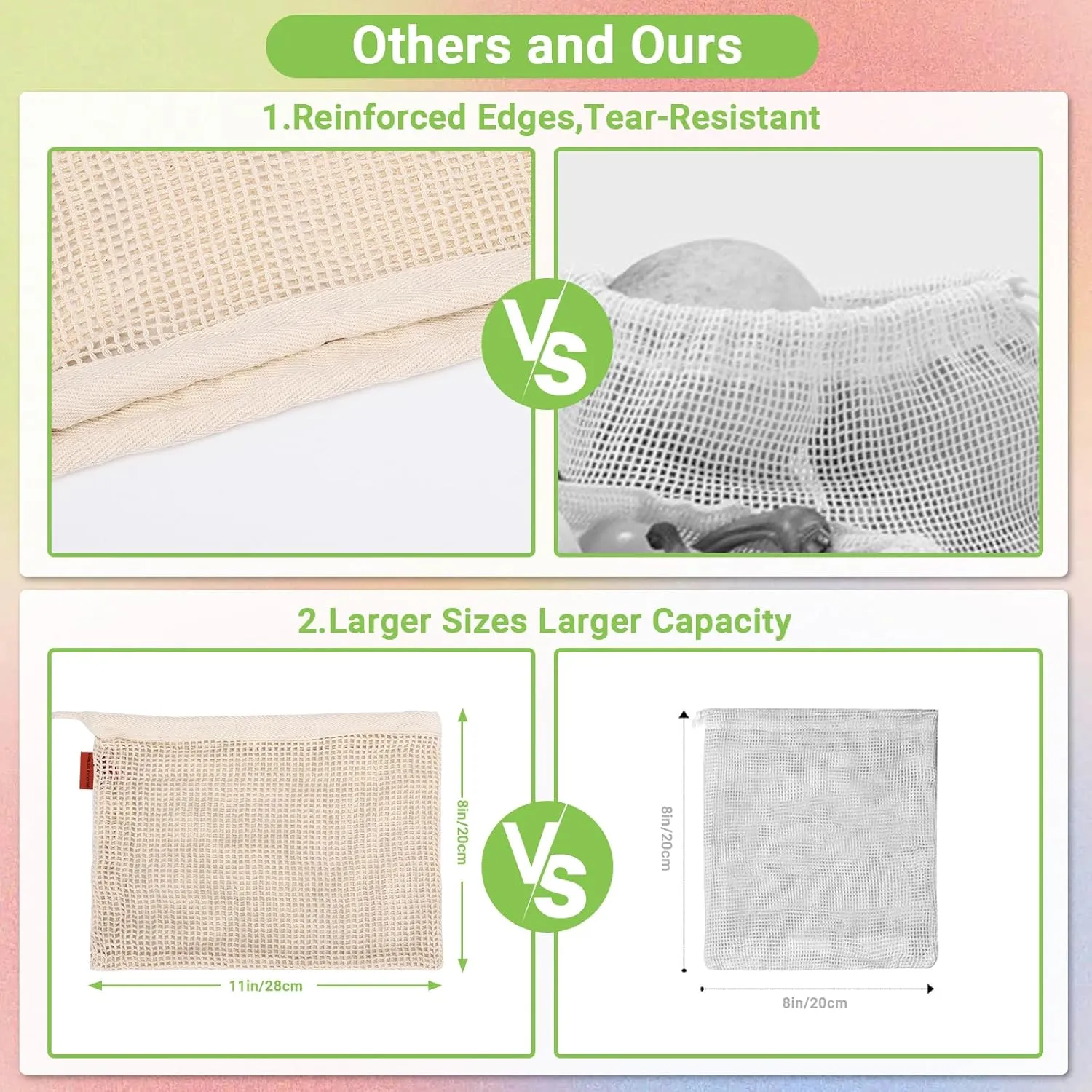 Pack of 12 Reusable Grocery Bags, 3 Sizes (4xS 4xM 4xL) Reusable Shopping Bags Heavy Duty Cotton Bags Mesh Bags for Vegetables, Enhanced Closure Edge, Double Stitched, with Tare Weight