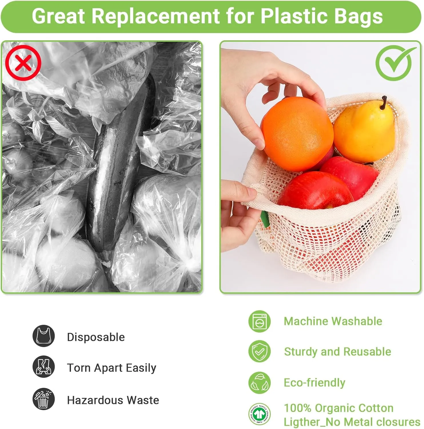 Pack of 12 Reusable Grocery Bags, 3 Sizes (4xS 4xM 4xL) Reusable Shopping Bags Heavy Duty Cotton Bags Mesh Bags for Vegetables, Enhanced Closure Edge, Double Stitched, with Tare Weight