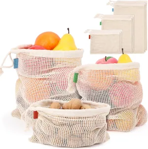 Pack of 12 Reusable Grocery Bags, 3 Sizes (4xS 4xM 4xL) Reusable Shopping Bags Heavy Duty Cotton Bags Mesh Bags for Vegetables, Enhanced Closure Edge, Double Stitched, with Tare Weight