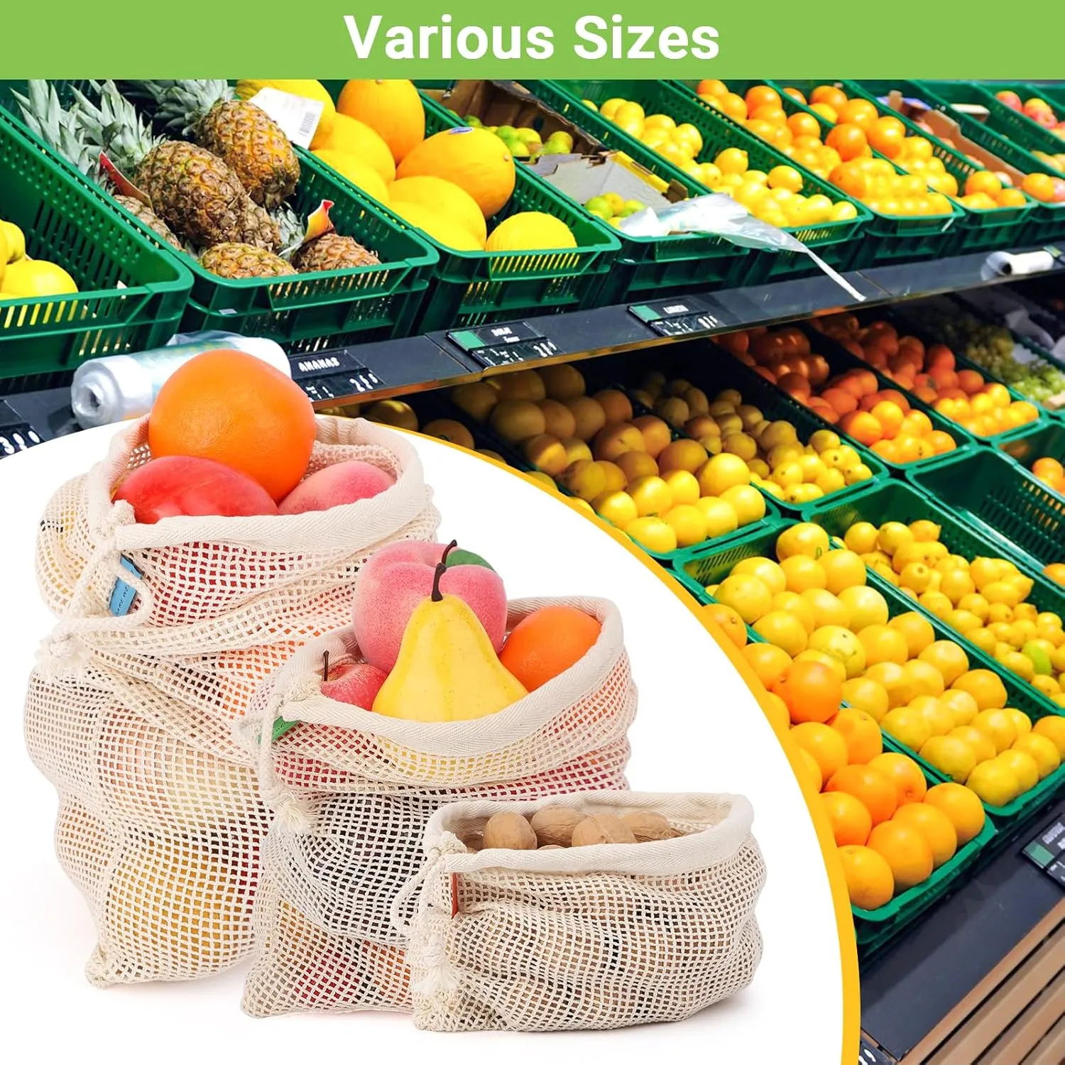 Pack of 12 Reusable Grocery Bags, 3 Sizes (4xS 4xM 4xL) Reusable Shopping Bags Heavy Duty Cotton Bags Mesh Bags for Vegetables, Enhanced Closure Edge, Double Stitched, with Tare Weight