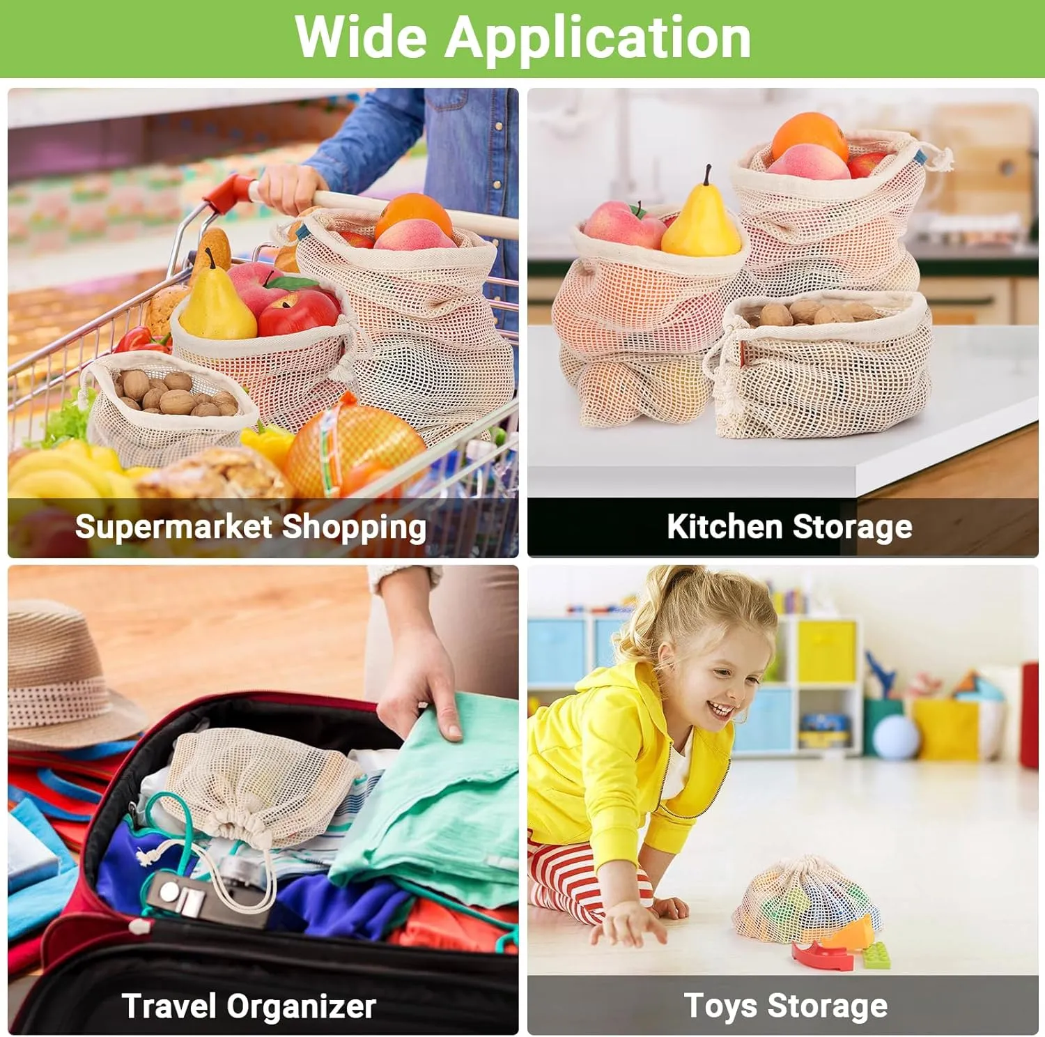 Pack of 12 Reusable Grocery Bags, 3 Sizes (4xS 4xM 4xL) Reusable Shopping Bags Heavy Duty Cotton Bags Mesh Bags for Vegetables, Enhanced Closure Edge, Double Stitched, with Tare Weight