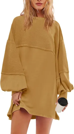 Panadila Womens Oversized Long Sleeve Patchwork Sweatshirt Dress Crewneck Tunic Sweatshirts Fall Loose Pullover Top