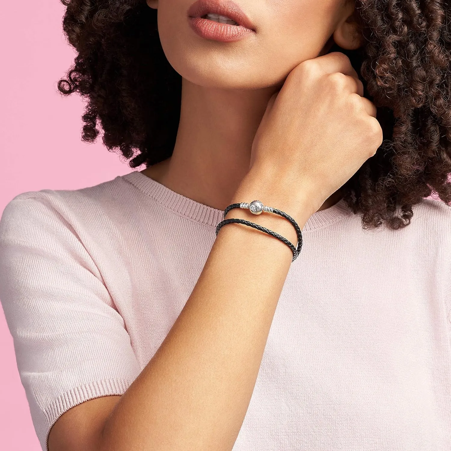 Pandora Moments Double Woven Leather Bracelet with Silver Clasp - Compatible Moments Charms - Gift for Her - Sterling Silver - With Gift Box