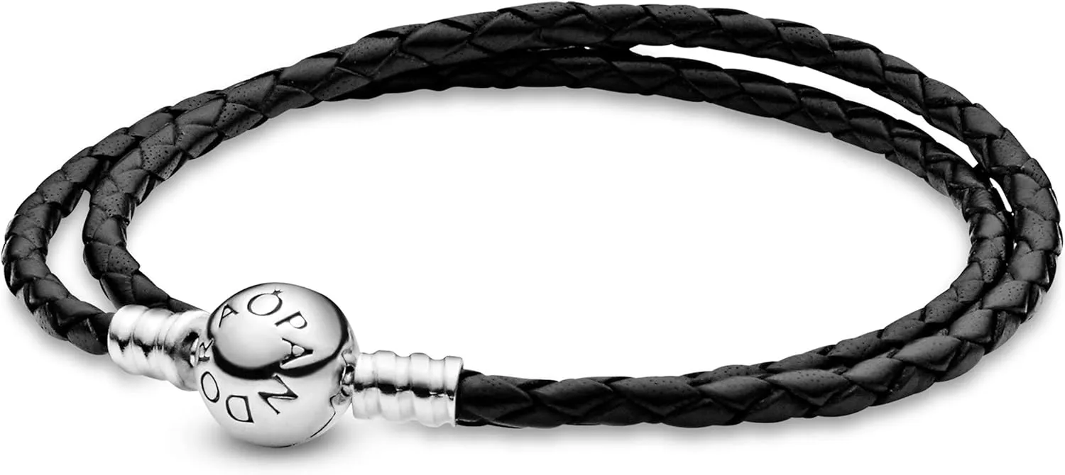 Pandora Moments Double Woven Leather Bracelet with Silver Clasp - Compatible Moments Charms - Gift for Her - Sterling Silver - With Gift Box