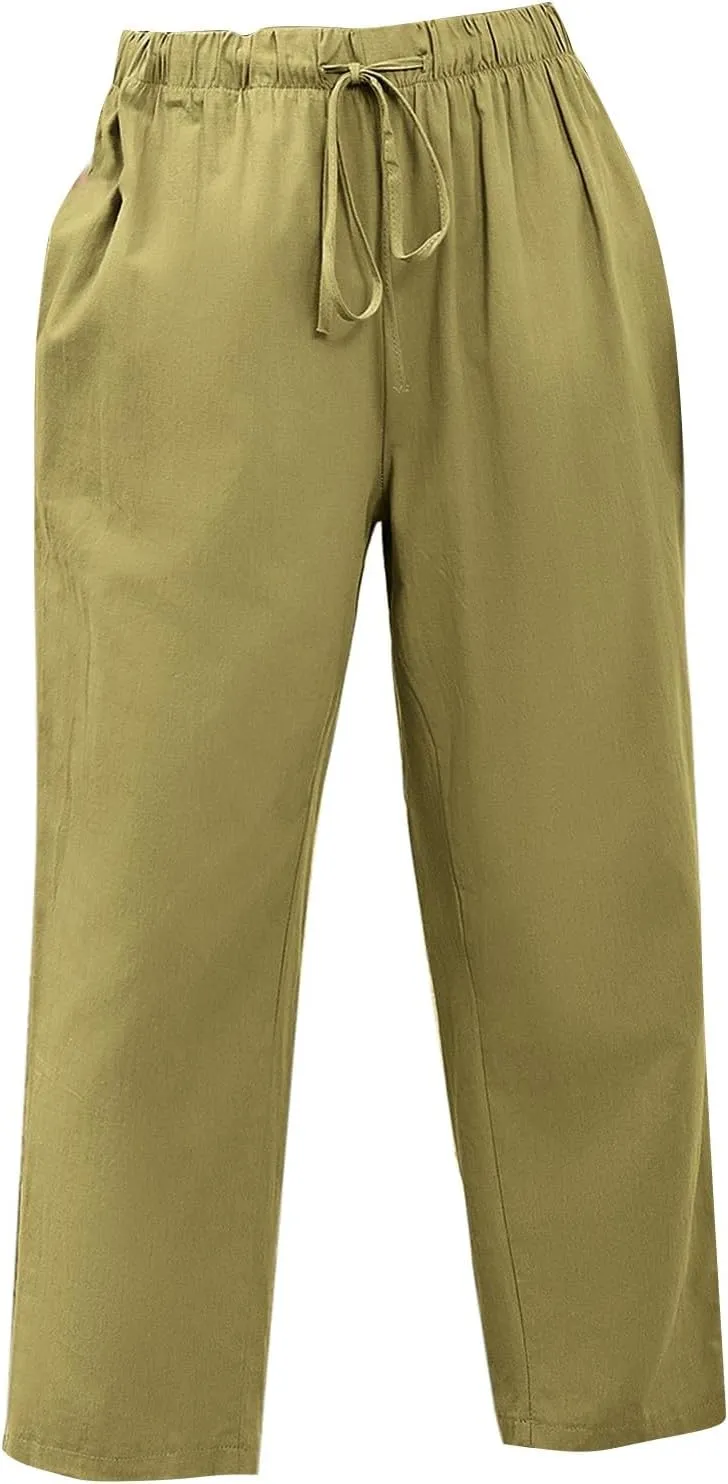 PantalóN De Lino para Mujer Pants Lightweight Elastic Waist Cropped Pants Plus Size Solid Trousers Women's Linen s