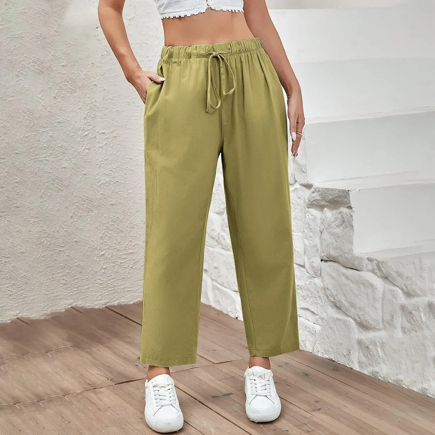 PantalóN De Lino para Mujer Pants Lightweight Elastic Waist Cropped Pants Plus Size Solid Trousers Women's Linen s