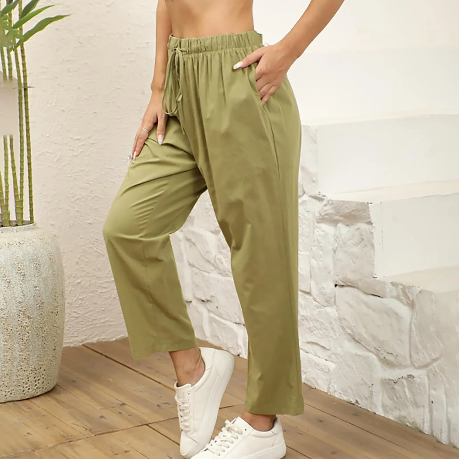 PantalóN De Lino para Mujer Pants Lightweight Elastic Waist Cropped Pants Plus Size Solid Trousers Women's Linen s