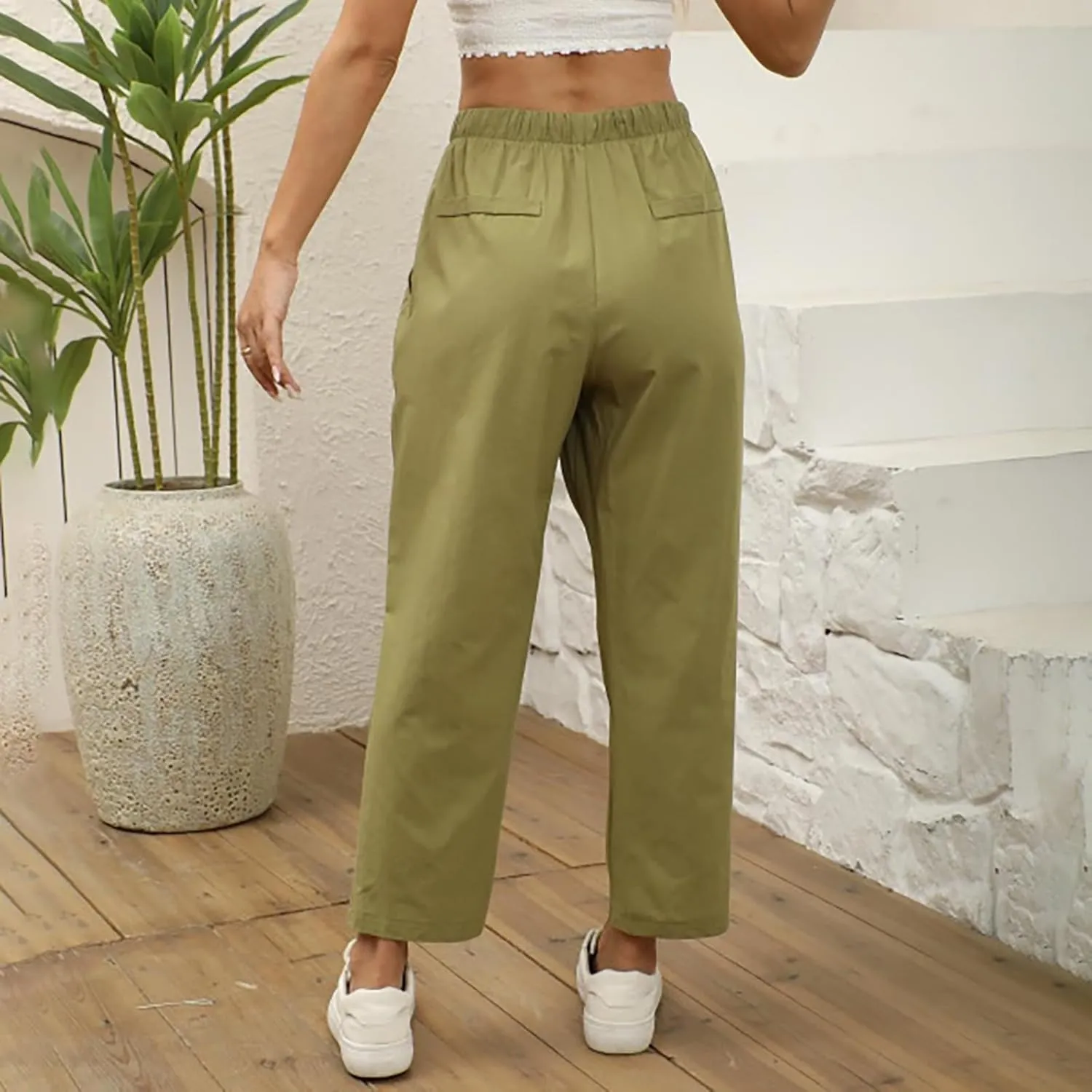 PantalóN De Lino para Mujer Pants Lightweight Elastic Waist Cropped Pants Plus Size Solid Trousers Women's Linen s