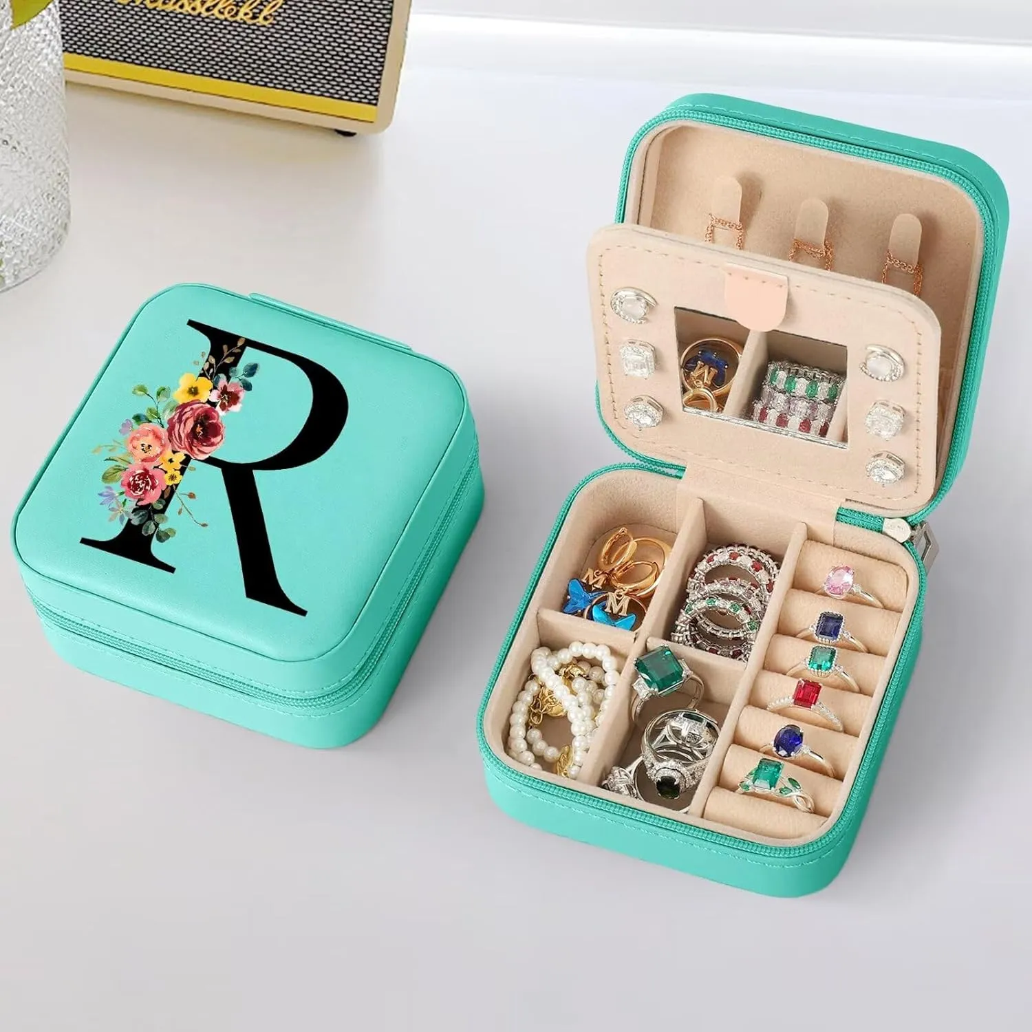 Parima Gifts for Her - Personalized Birthday Gifts for Her, Gifts for Her From Friends, Gifts for Her Idea, Party Gifts for Her, Travel Jewelry Case Organizer Jewelry Box for Her - Letter R, Blue